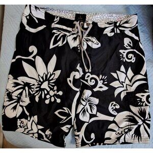 Old Navy L Black White Floral Swim Trunks Board Shorts Mesh Lined 10.5" Inseam